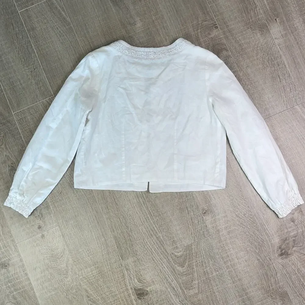 NANETTE LEPORE White Floral Embroider Peasant Crop Linen Blend Open Front Jacket